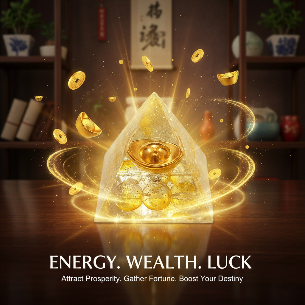 Crystal pyramid feng shui resin ornament on a desk