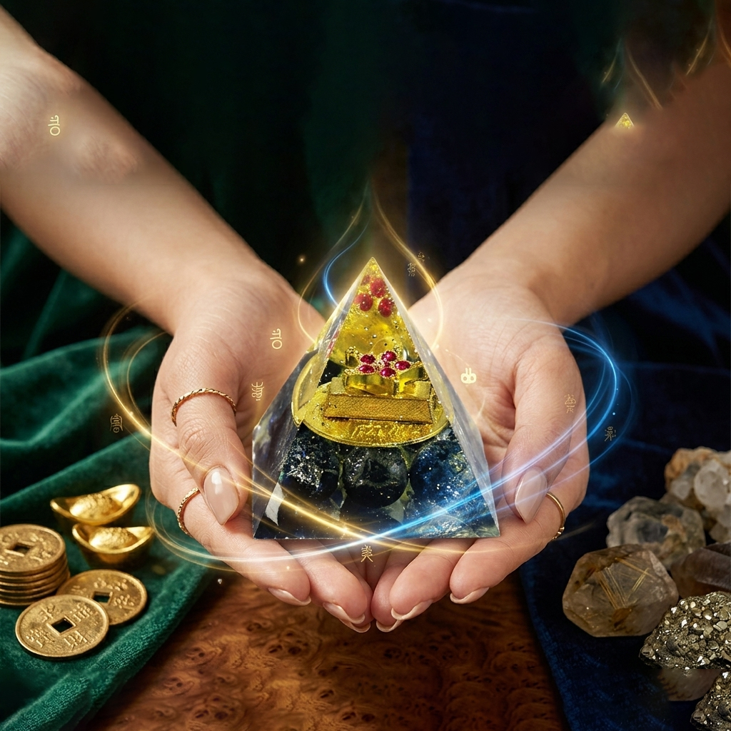 Handcrafted crystal pyramid with gold ingot and blue gemstone base