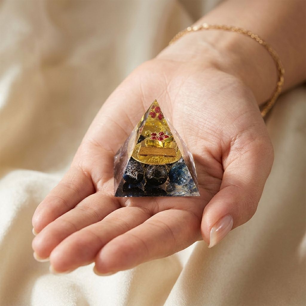 Handcrafted crystal pyramid with gold ingot and blue gemstone base