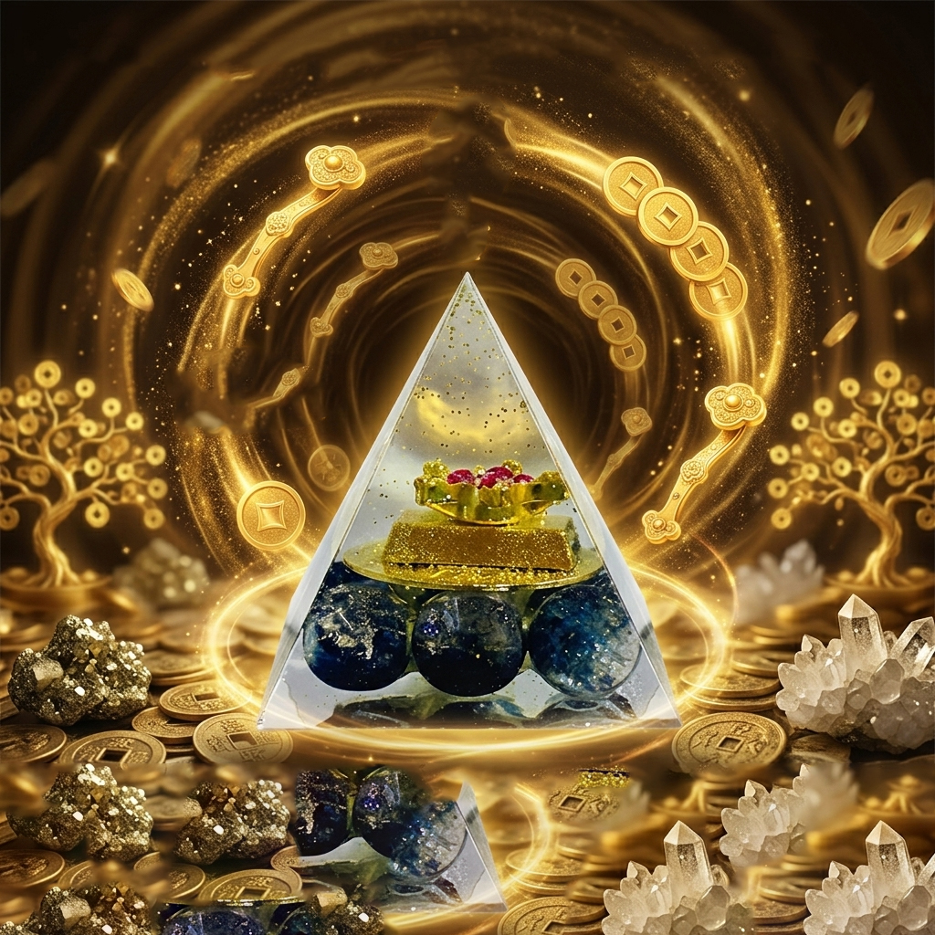 Handcrafted crystal pyramid with gold ingot and blue gemstone base