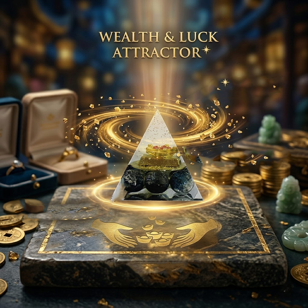 Handcrafted crystal pyramid with gold ingot and blue gemstone base