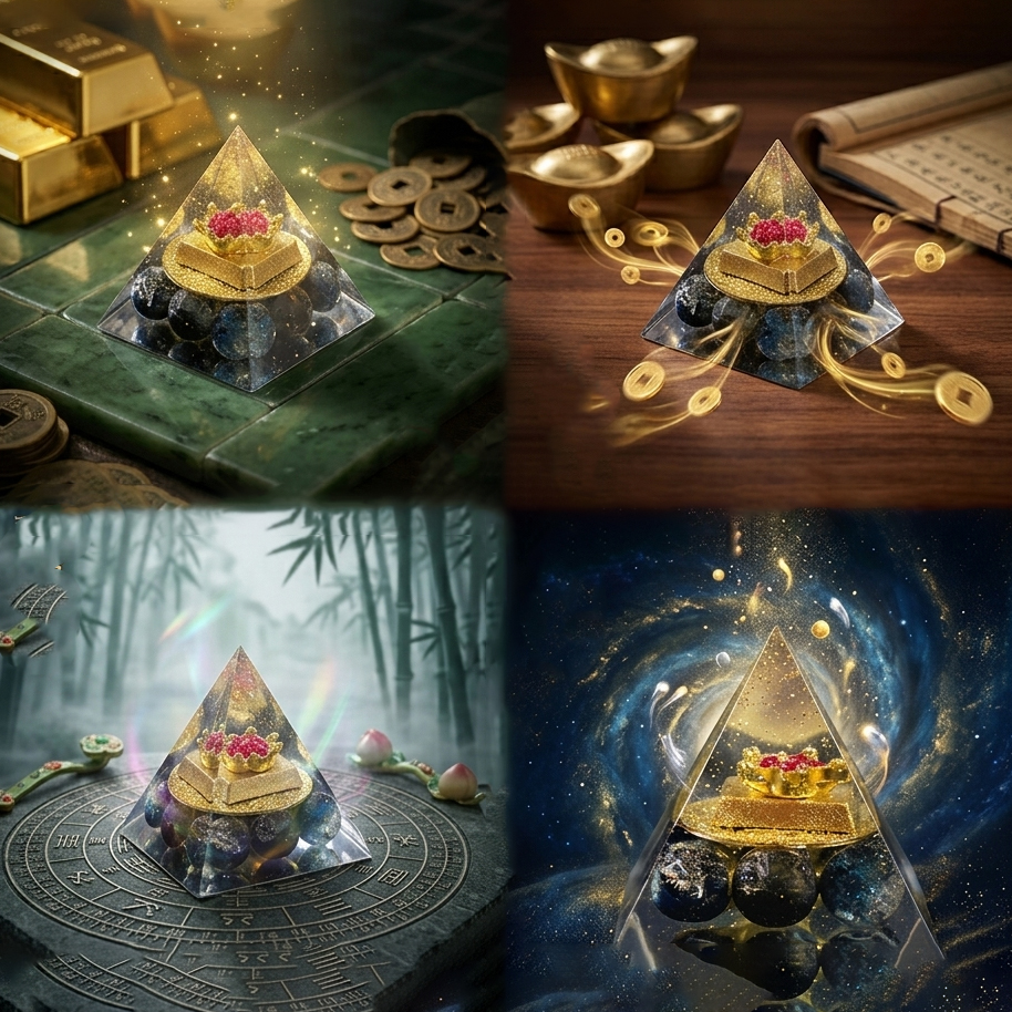 Handcrafted crystal pyramid with gold ingot and blue gemstone base