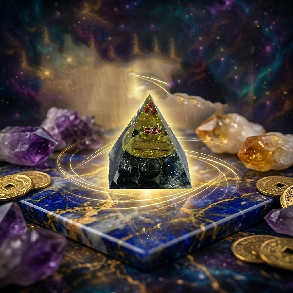 Handcrafted crystal pyramid with gold ingot and blue gemstone base