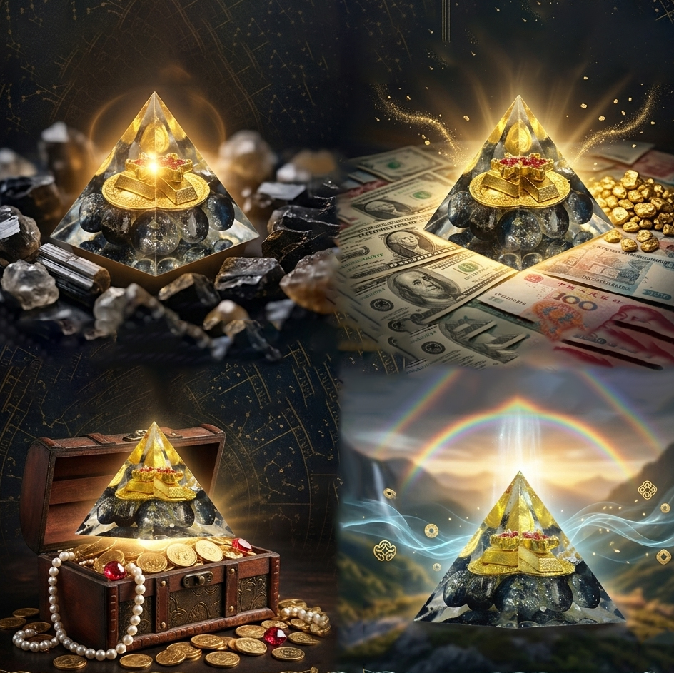 Handcrafted crystal pyramid with gold ingot and blue gemstone base